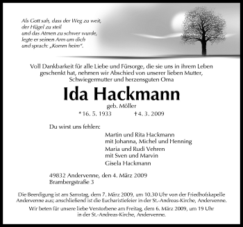 Traueranzeige von Ida Hackmann von Neue Osnabrücker Zeitung GmbH & Co. KG