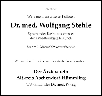 Traueranzeige von Wolfgang Stehle von Neue Osnabrücker Zeitung GmbH & Co. KG