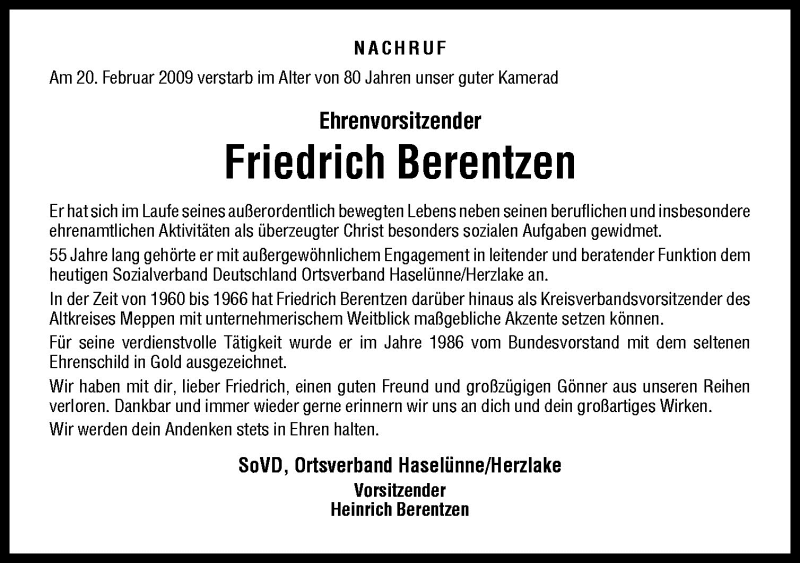 Traueranzeige für Friedrich Berentzen vom 07.03.2009 aus Neue Osnabrücker Zeitung GmbH & Co. KG