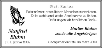 Traueranzeige von Manfred Bluhm von Neue Osnabrücker Zeitung GmbH & Co. KG