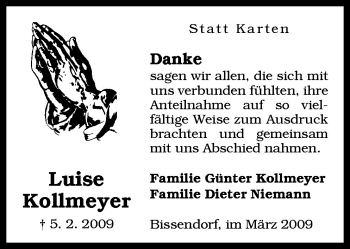 Traueranzeige von Luise Kollmeyer von Neue Osnabrücker Zeitung GmbH & Co. KG