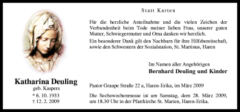 Traueranzeige von Katharina Deuling von Neue Osnabrücker Zeitung GmbH & Co. KG