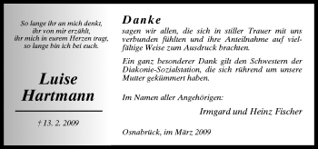 Traueranzeige von Luise Hartmann von Neue Osnabrücker Zeitung GmbH & Co. KG
