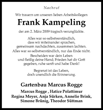 Traueranzeige von Frank Kampeling von Neue Osnabrücker Zeitung GmbH & Co. KG