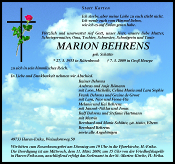 Traueranzeige von Marion Behrens von Neue Osnabrücker Zeitung GmbH & Co. KG