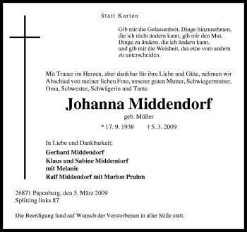 Traueranzeige von Johanna Middendorf von Neue Osnabrücker Zeitung GmbH & Co. KG