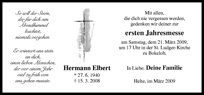  Traueranzeige für Hermann Elbert vom 18.03.2009 aus Neue Osnabrücker Zeitung GmbH & Co. KG