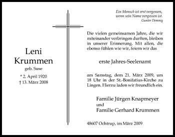 Traueranzeige von Leni Krummen von Neue Osnabrücker Zeitung GmbH & Co. KG