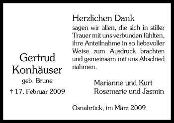 Traueranzeige von Gertrud Konhäuser von Neue Osnabrücker Zeitung GmbH & Co. KG