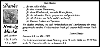 Traueranzeige von Hedwig Macke von Neue Osnabrücker Zeitung GmbH & Co. KG