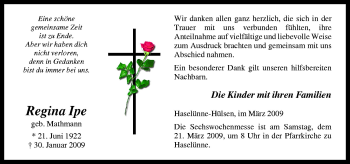 Traueranzeige von Regina Ipe von Neue Osnabrücker Zeitung GmbH & Co. KG