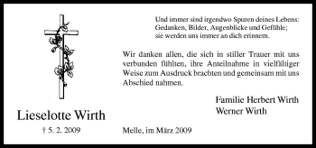 Traueranzeige von Lieselotte Wirth von Neue Osnabrücker Zeitung GmbH & Co. KG