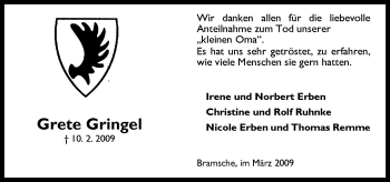 Traueranzeige von Grete Gringel von Neue Osnabrücker Zeitung GmbH & Co. KG
