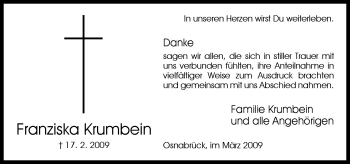 Traueranzeige von Franziska Krumbein von Neue Osnabrücker Zeitung GmbH & Co. KG