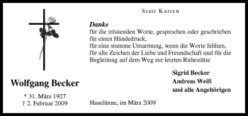 Traueranzeige von Wolfgang Becker von Neue Osnabrücker Zeitung GmbH & Co. KG