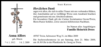 Traueranzeige von Anna Alfers von Neue Osnabrücker Zeitung GmbH & Co. KG