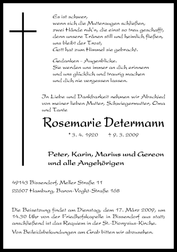Traueranzeige von Rosemarie Determann von Neue Osnabrücker Zeitung GmbH & Co. KG