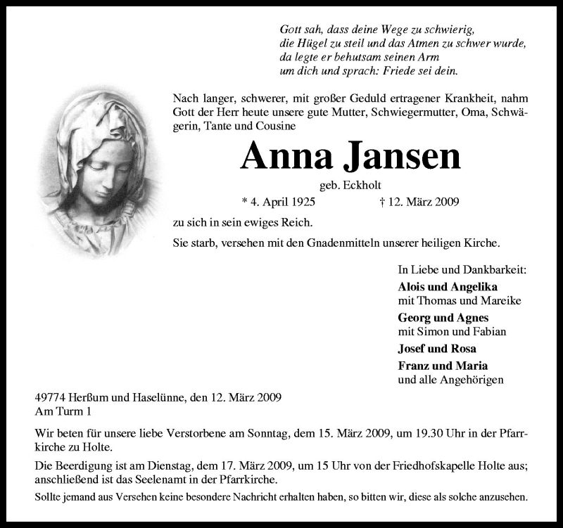  Traueranzeige für Anna Jansen vom 13.03.2009 aus Neue Osnabrücker Zeitung GmbH & Co. KG