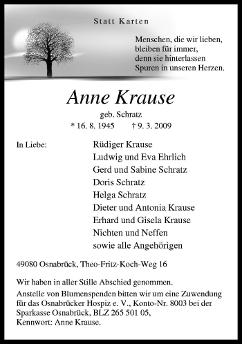 Traueranzeige von Anne Krause von Neue Osnabrücker Zeitung GmbH & Co. KG
