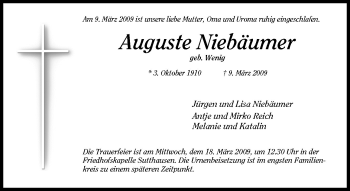 Traueranzeige von Auguste Niebäumer von Neue Osnabrücker Zeitung GmbH & Co. KG