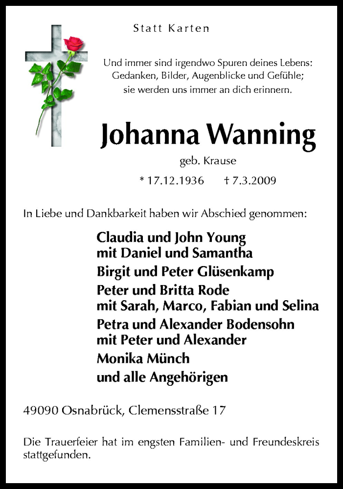  Traueranzeige für Johanna Wanning vom 14.03.2009 aus Neue Osnabrücker Zeitung GmbH & Co. KG