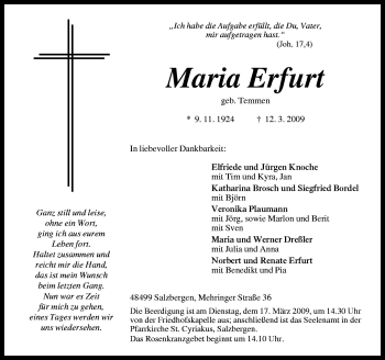 Traueranzeige von Maria Erfurt von Neue Osnabrücker Zeitung GmbH & Co. KG