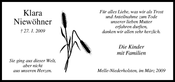 Traueranzeige von Klara Niewöhner von Neue Osnabrücker Zeitung GmbH & Co. KG