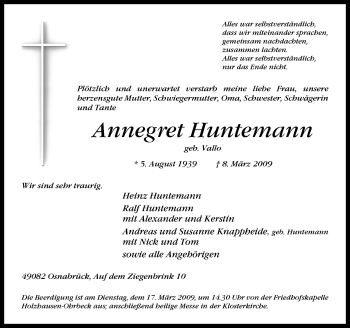 Traueranzeige von Annegret Huntemann von Neue Osnabrücker Zeitung GmbH & Co. KG