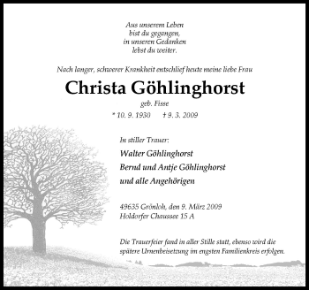 Traueranzeige von Christa Göhlinghorst von Neue Osnabrücker Zeitung GmbH & Co. KG
