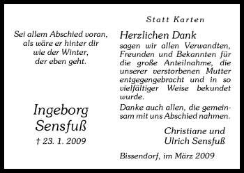 Traueranzeige von Ingeborg Sensfuß von Neue Osnabrücker Zeitung GmbH & Co. KG