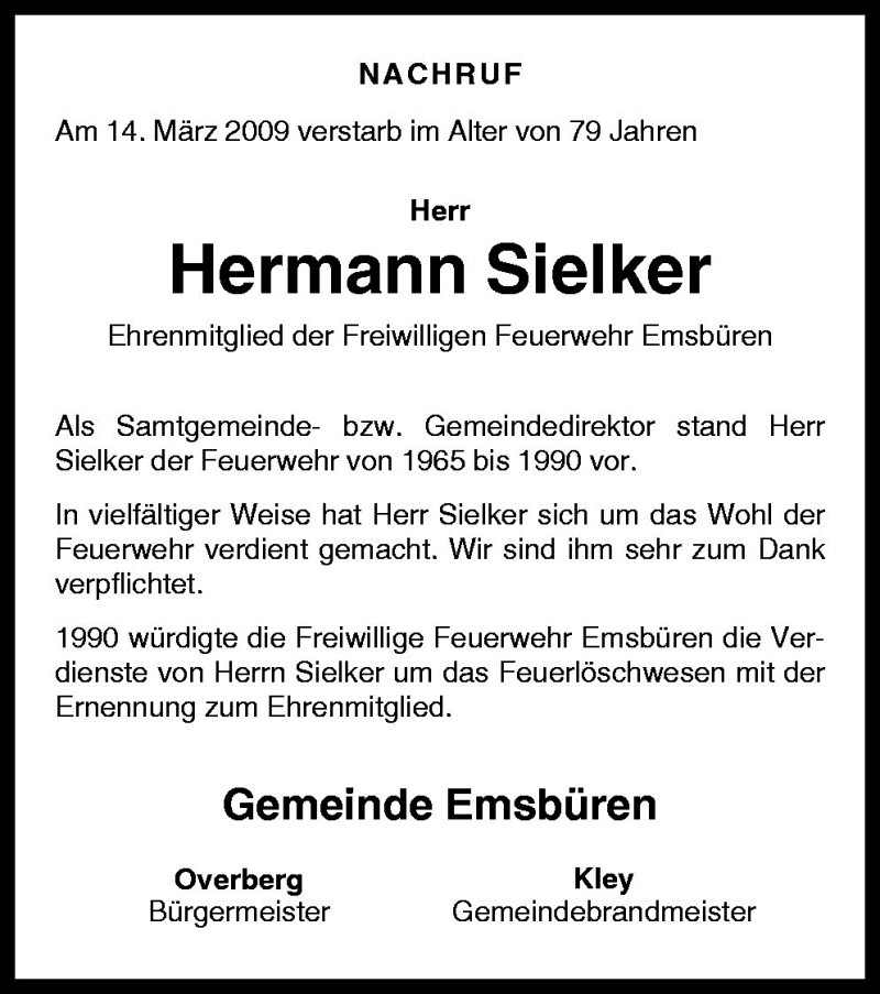  Traueranzeige für Hermann Sielker vom 17.03.2009 aus Neue Osnabrücker Zeitung GmbH & Co. KG
