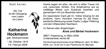 Traueranzeige von Katharina Hockmann von Neue Osnabrücker Zeitung GmbH & Co. KG