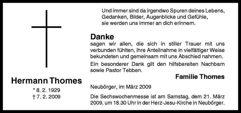  Traueranzeige für Hermann Thomes vom 18.03.2009 aus Neue Osnabrücker Zeitung GmbH & Co. KG