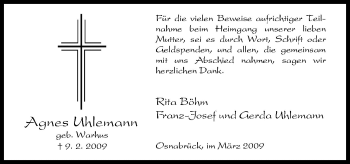 Traueranzeige von Agnes Uhlemann von Neue Osnabrücker Zeitung GmbH & Co. KG