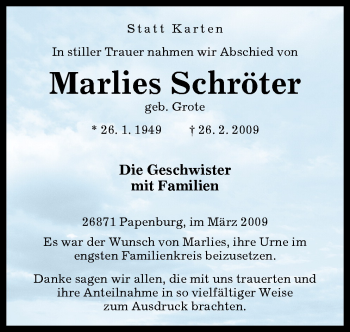 Traueranzeige von Marlies Schröter von Neue Osnabrücker Zeitung GmbH & Co. KG