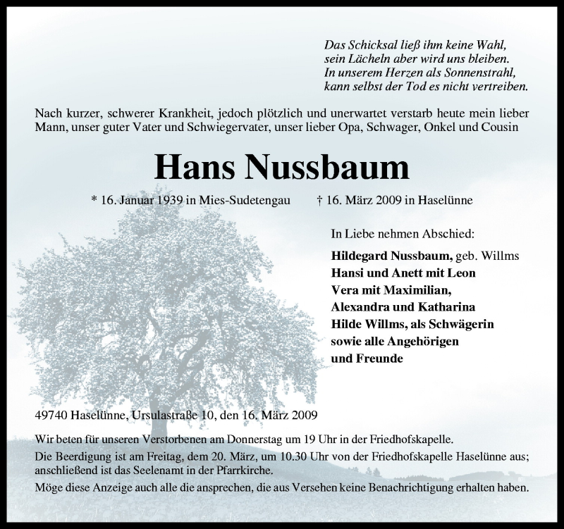  Traueranzeige für Hans Nussbaum vom 18.03.2009 aus Neue Osnabrücker Zeitung GmbH & Co. KG