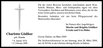 Traueranzeige von Charlotte Gödiker von Neue Osnabrücker Zeitung GmbH & Co. KG