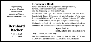 Traueranzeige von Bernhard Backer von Neue Osnabrücker Zeitung GmbH & Co. KG