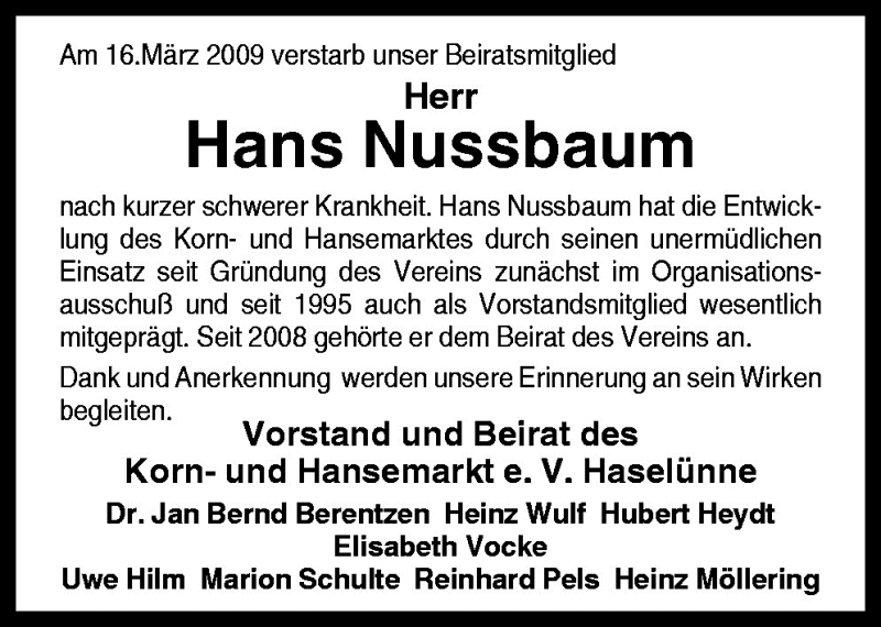  Traueranzeige für Hans Nussbaum vom 19.03.2009 aus Neue Osnabrücker Zeitung GmbH & Co. KG