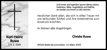 Traueranzeige von Karl-Heinz Ruwe von Neue Osnabrücker Zeitung GmbH & Co. KG