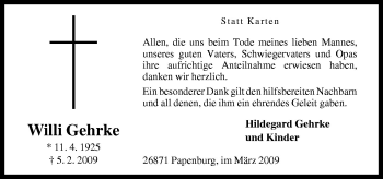 Traueranzeige von Willi Gehrke von Neue Osnabrücker Zeitung GmbH & Co. KG