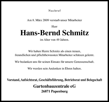 Traueranzeige von Hans-Bernd Schmitz von Neue Osnabrücker Zeitung GmbH & Co. KG