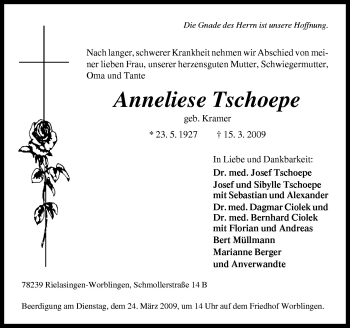 Traueranzeige von Anneliese Tschoepe von Neue Osnabrücker Zeitung GmbH & Co. KG