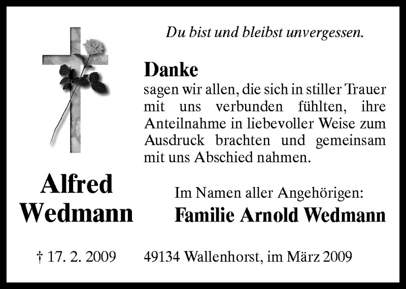  Traueranzeige für Alfred Wedmann vom 28.03.2009 aus Neue Osnabrücker Zeitung GmbH & Co. KG