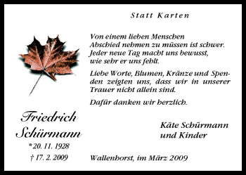 Traueranzeige von Friedrich Schürmann von Neue Osnabrücker Zeitung GmbH & Co. KG