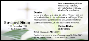Traueranzeige von Bernhard Düring von Neue Osnabrücker Zeitung GmbH & Co. KG