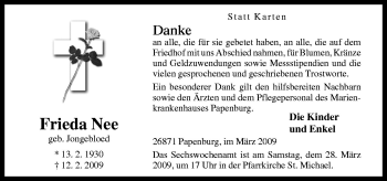 Traueranzeige von Frieda Nee von Neue Osnabrücker Zeitung GmbH & Co. KG