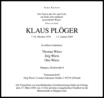 Traueranzeige von Klaus Plöger von Neue Osnabrücker Zeitung GmbH & Co. KG