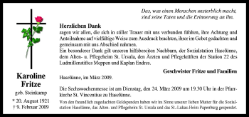 Traueranzeige von Karonline Fritze von Neue Osnabrücker Zeitung GmbH & Co. KG