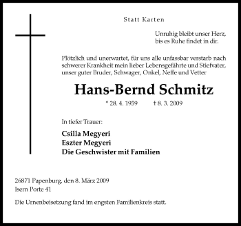 Traueranzeige von Hans-Bernd Schmitz von Neue Osnabrücker Zeitung GmbH & Co. KG